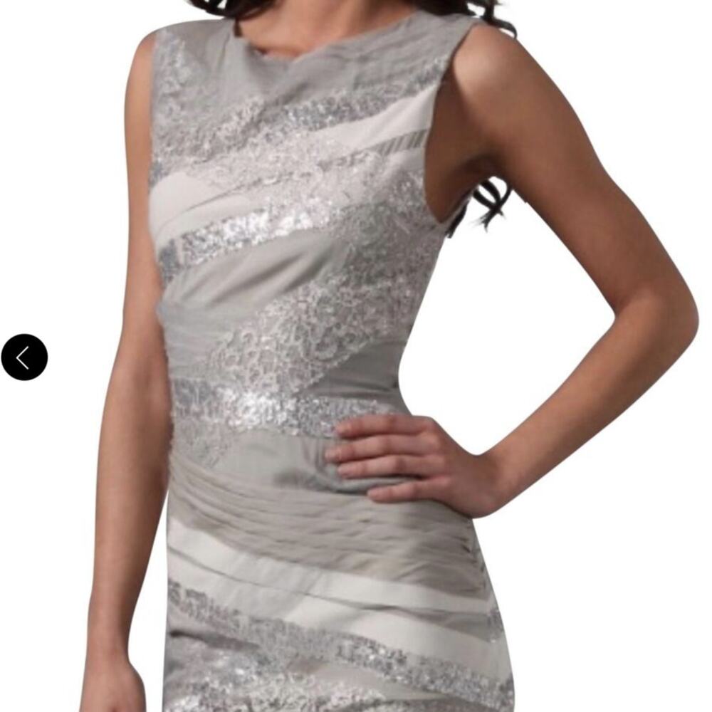550 Alice + Olivia lace sequins tulle and silk oyster sliver sheath dress Size 0